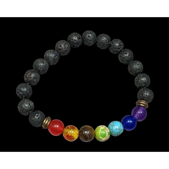 Chakra Rainbow Gemstone And Volcanic Rock Beaded Stretch Bracelet - Picture 1 of 4